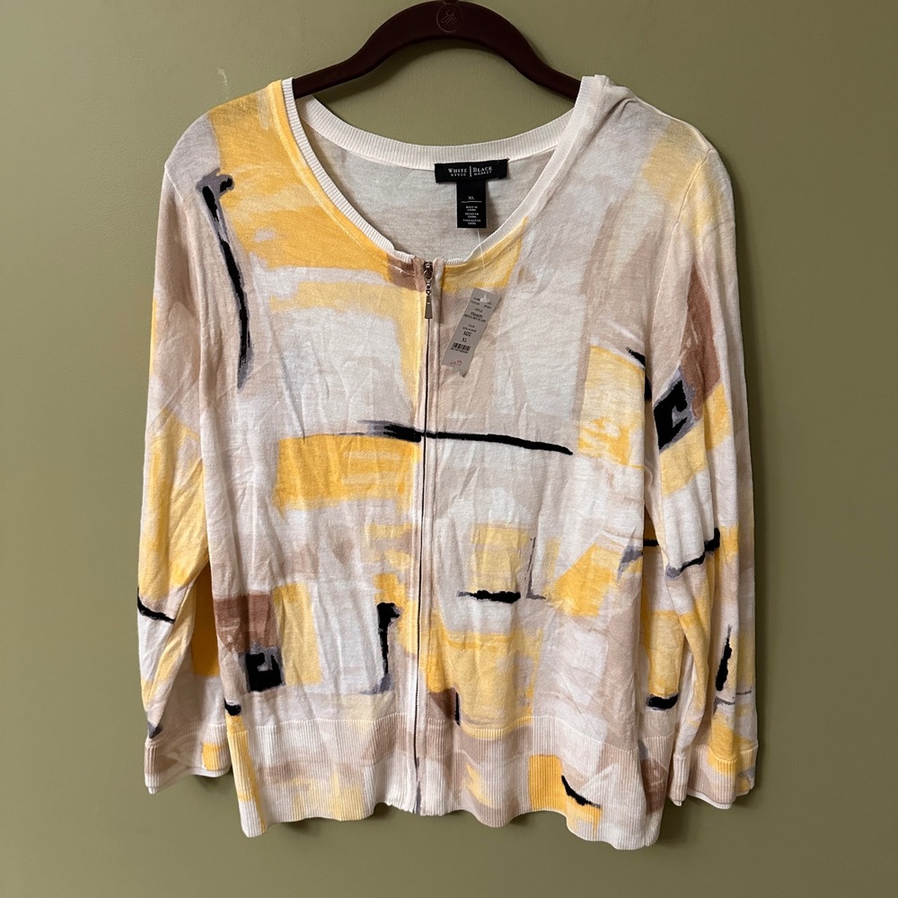 WHITE HOUSE BLACK MARKET Artsy Zip Cardigan Sz XL Ecru Maize Yellow‎ Abstract
